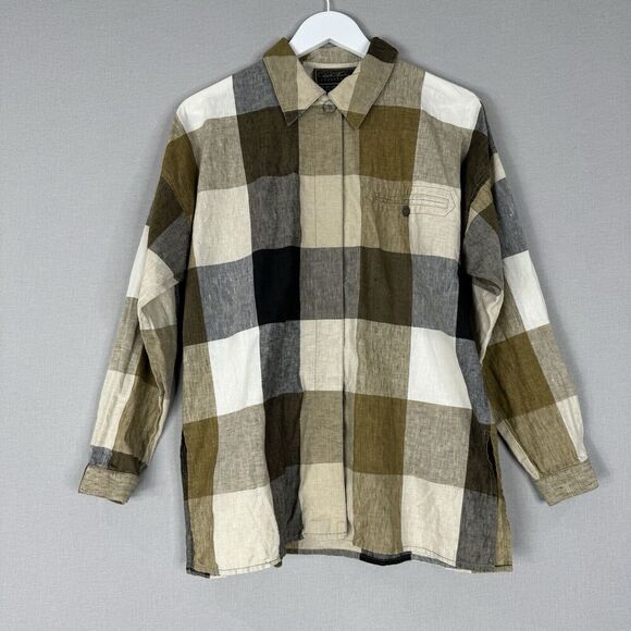 Vintage Diane Gilman Womens Top Small Brown Linen Check Button Shirt Country - Picture 1 of 15